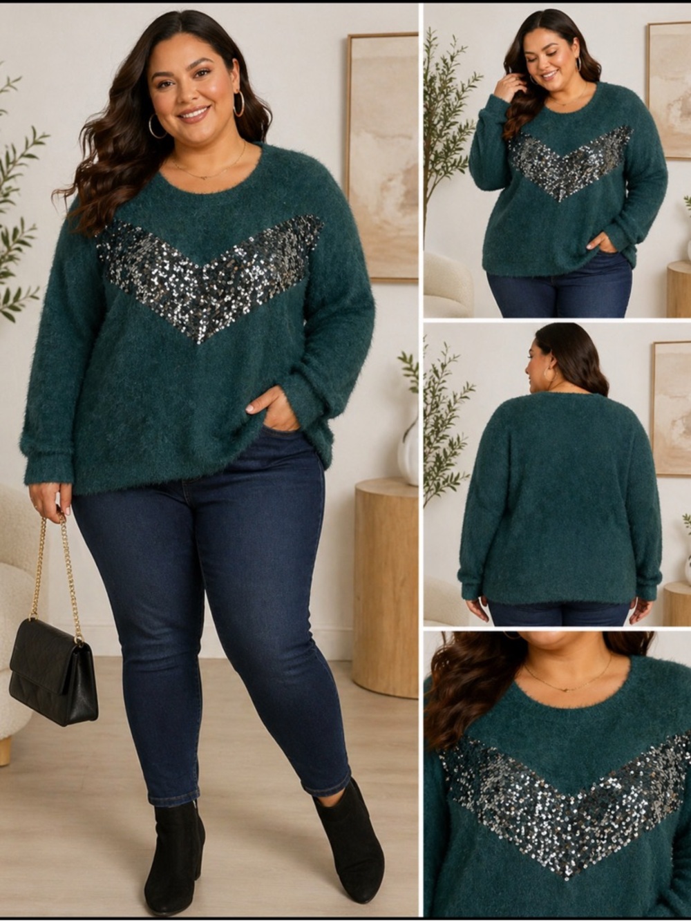 Cara Santana x Nine West Fuzzy Sequin Sweater NWT Plus Size 2X Dark Teal Green